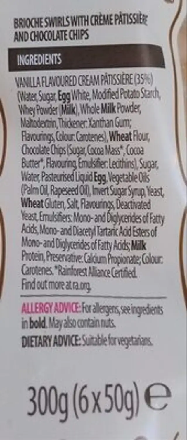 Chocolate Chip Brioche Swirls ingredients label