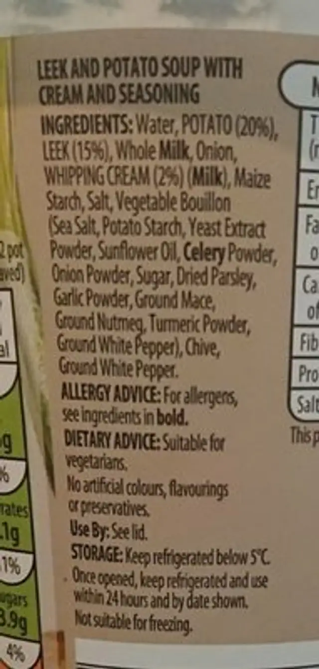 Leek & Potato Soup ingredients label