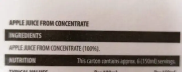 Pure Apple juice ingredients label