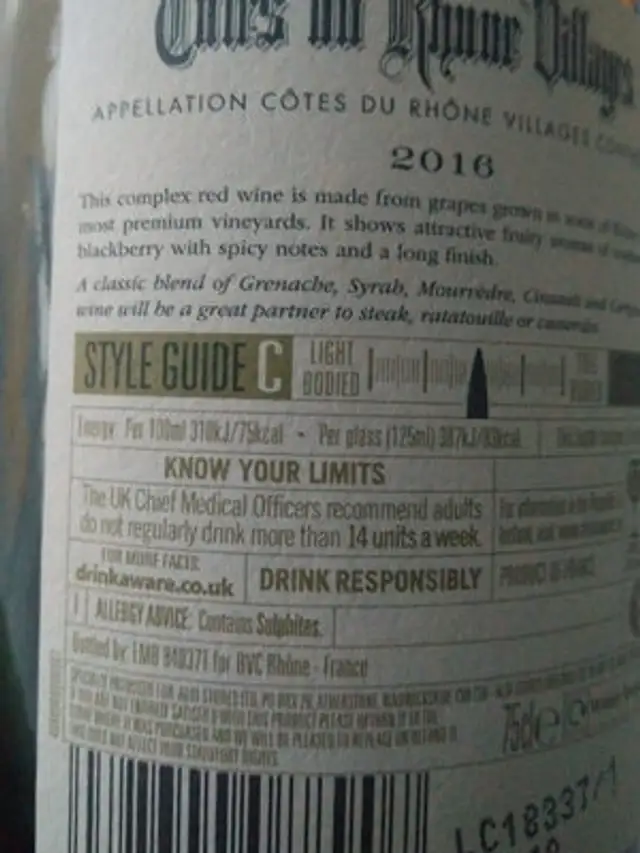 Côtes du Rhône Villages nutrition facts table