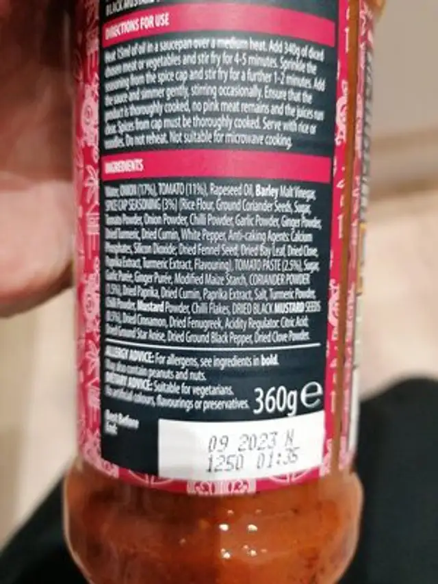 Madras ingredients label