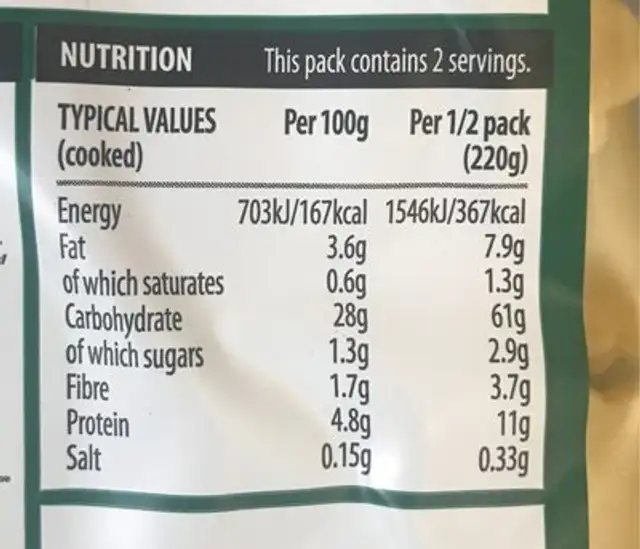 Ravioli Ricotta &Basil nutrition facts table