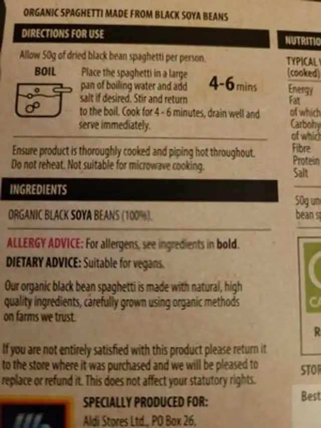 Black bean Spaghetti ingredients label