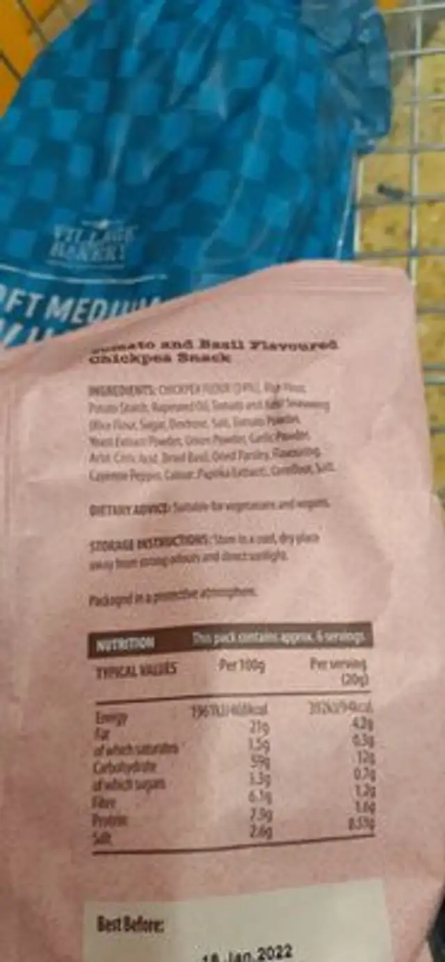 Hummus bites ingredients label