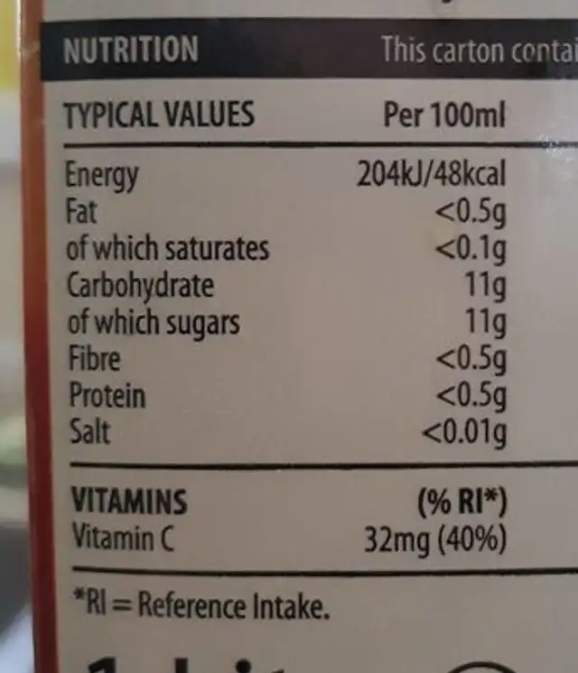 Orange juice smooth nutrition facts table