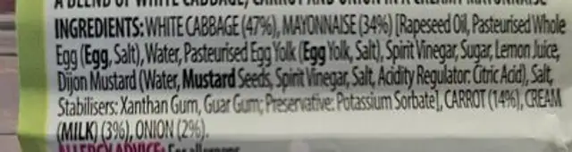 The deli - Creamy Coleslaw ingredients label