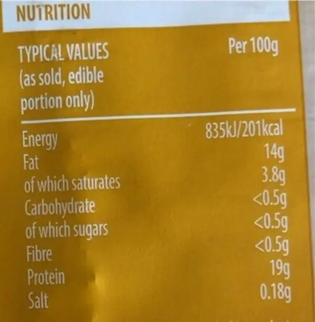 Large Whole Chicken nutrition facts table