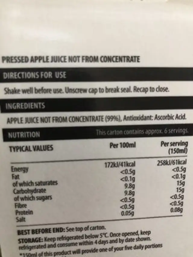 Apple juice ingredients label