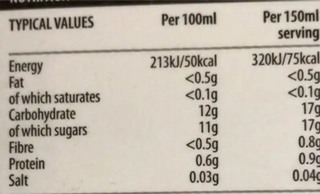 The Juice Company Orange & Mango Juice nutrition facts table