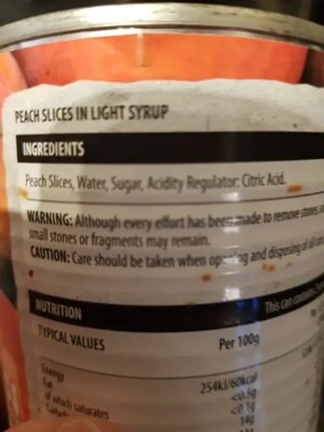 Peach Slices in Light Syrup ingredients label
