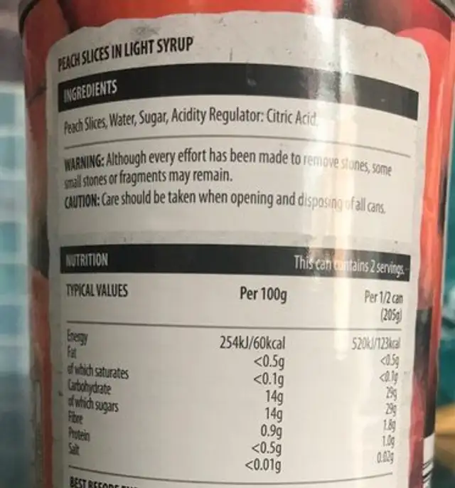 Peach Slices in Light Syrup nutrition facts table