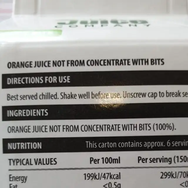 Orange Juice with juicy bits ingredients label