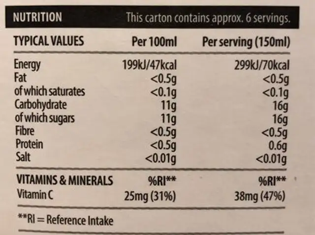 Orange Juice with juicy bits nutrition facts table