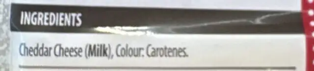 Mature coloured cheddar ingredients label