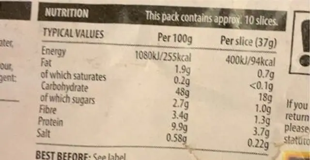The Traditional White Bloomer nutrition facts table
