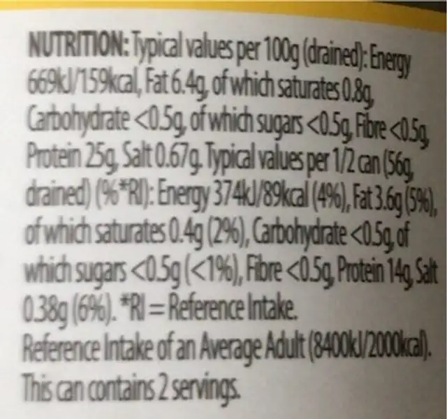 Tuna chunks in sunflower nutrition facts table