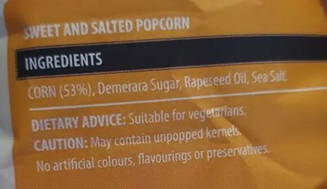 Sweet and salty popcorn ingredients label