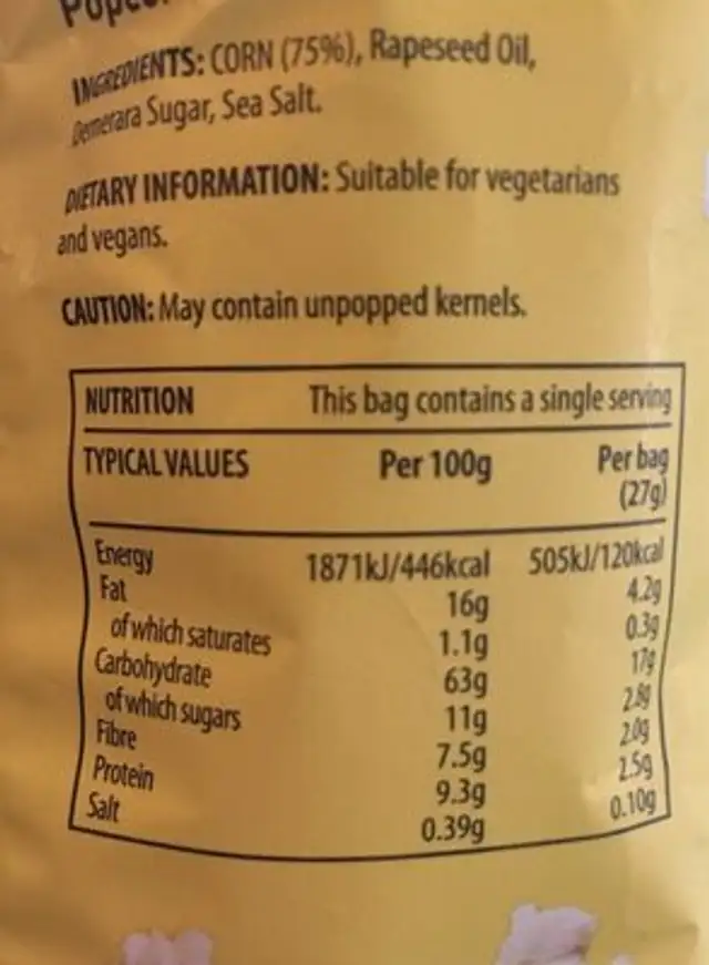 Sweet and salty popcorn nutrition facts table