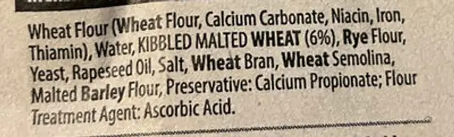 Malted Bloomer ingredients label