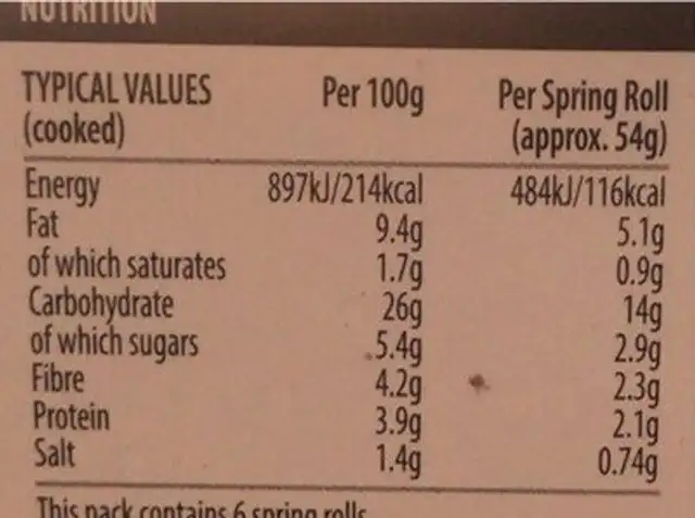6 Large Vegetable Spring Rolls nutrition facts table