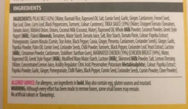 Chicken Tikka Masala ingredients label