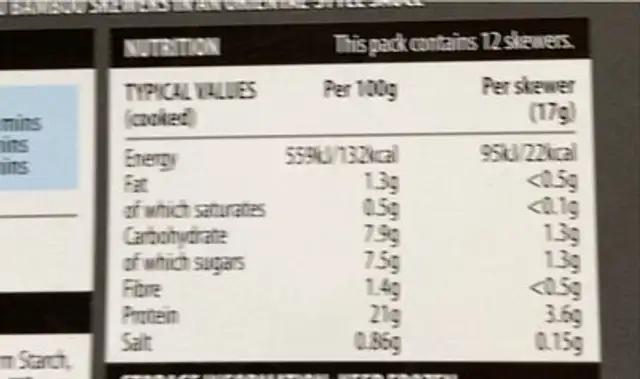 Yakitori chicken skewers nutrition facts table