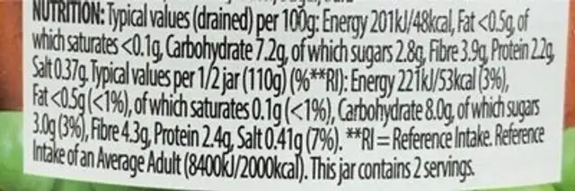 Baby carrots & petit pois nutrition facts table