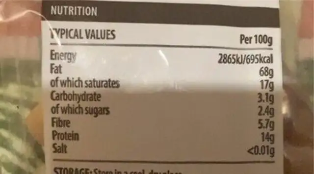 Organic Brazil Nuts nutrition facts table