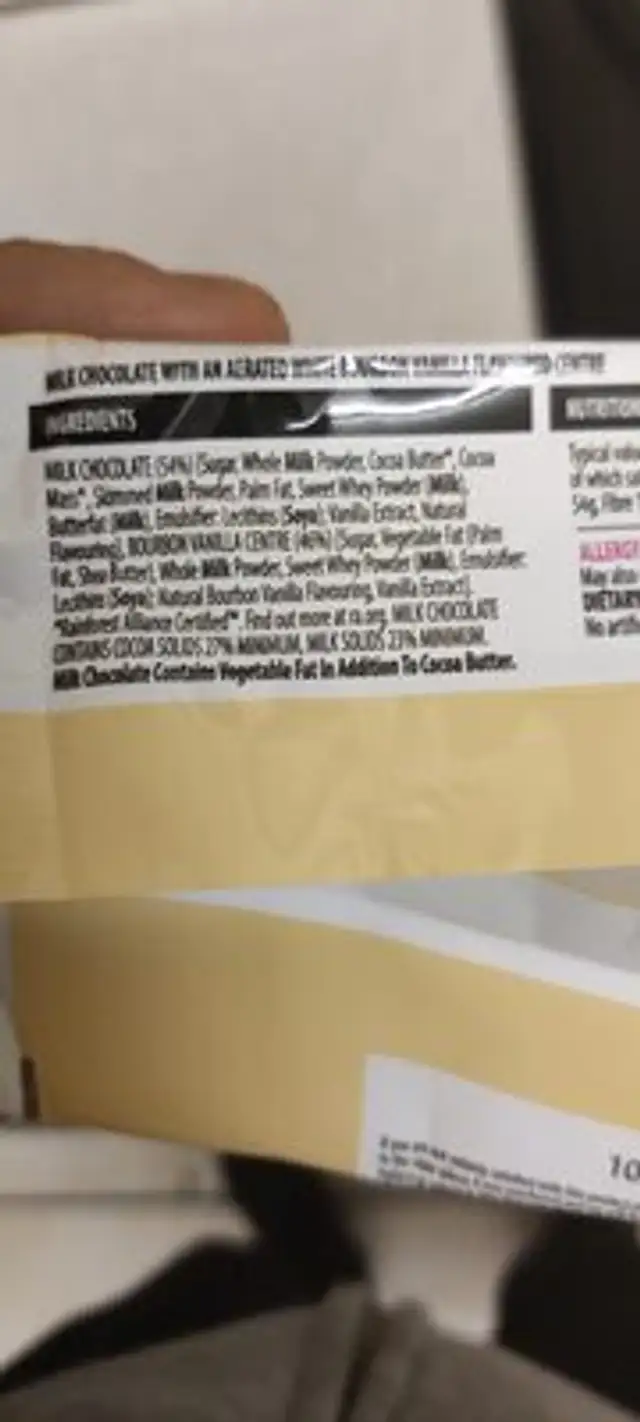 Dairyfine Bubbly Vanilla ingredients label