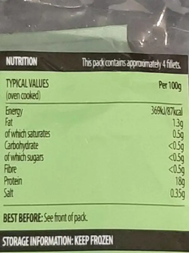 Atlantic haddock fillets nutrition facts table