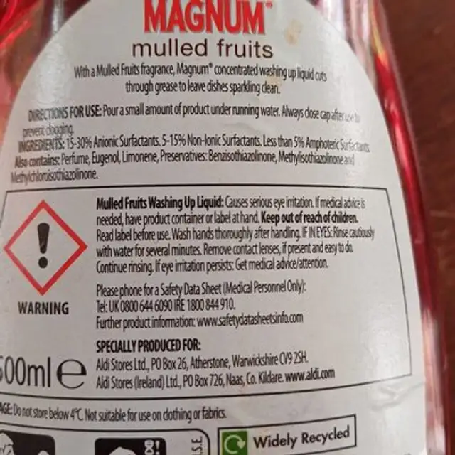 Washing Up Liquid ingredients label