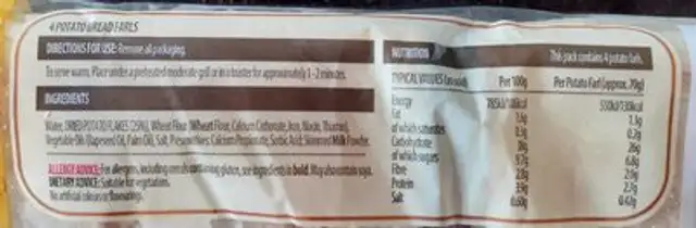 Ballymore- Potato Farls nutrition facts table