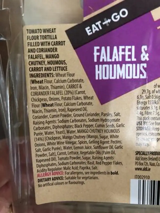Falafel & houmous ingredients label