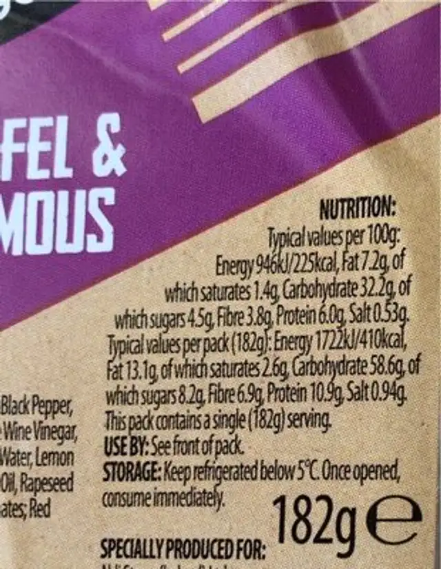 Falafel & houmous nutrition facts table