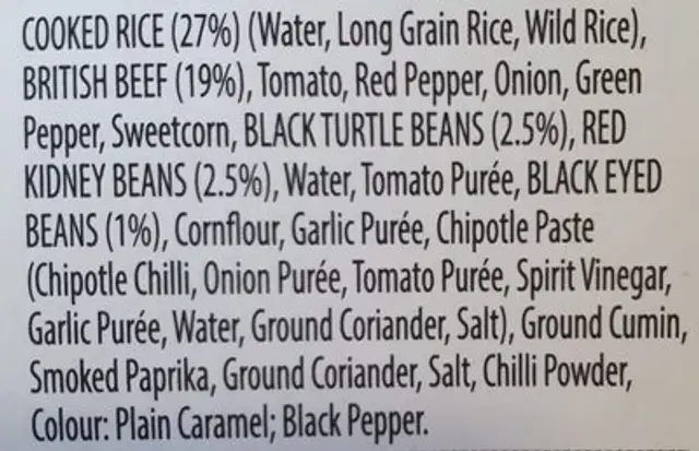 Beef & 3 bean chilli ingredients label