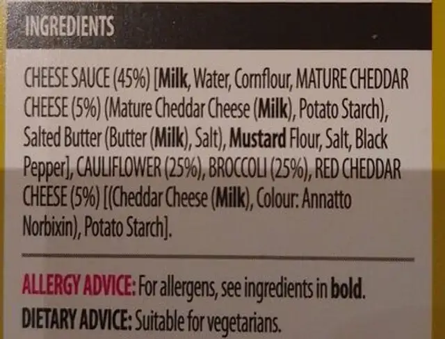 Cauliflower and Broccoli Cheese ingredients label