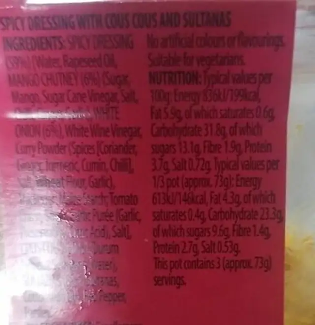 Spicy cous cous nutrition facts table
