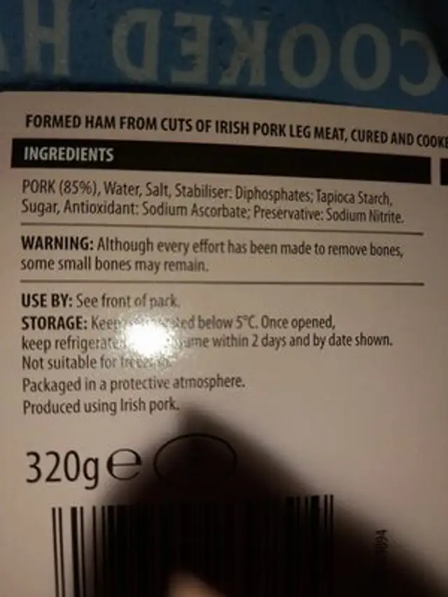 Wafer Thin Traditional Irish Ham ingredients label