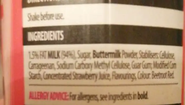 ShukUp Strawberry Milkshake ingredients label