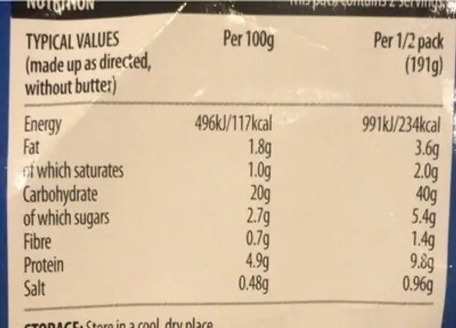 Pasta and Sauce nutrition facts table