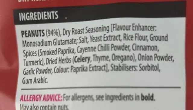 Dry Roasted Peanuts ingredients label