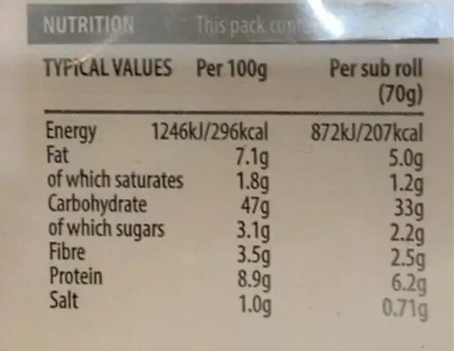 4 Soft Grain Sub Rolls white nutrition facts table