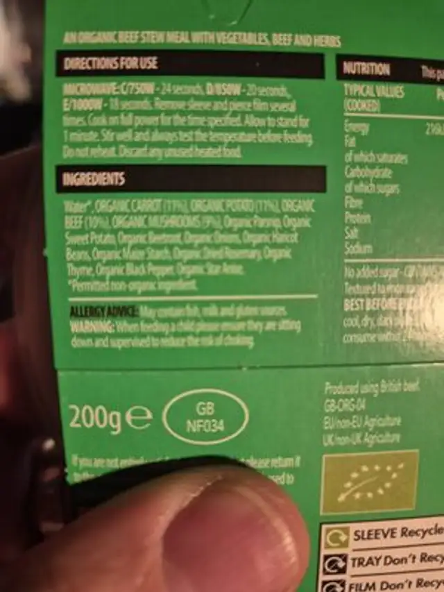 Organic Beef Stew ingredients label