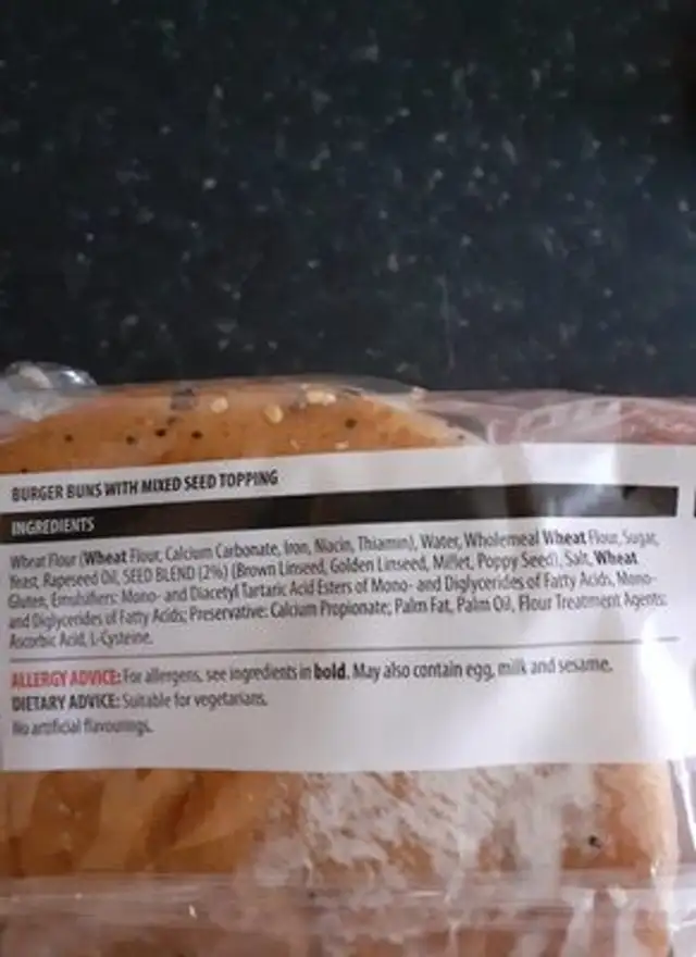 Gourmet Burger Buns ingredients label