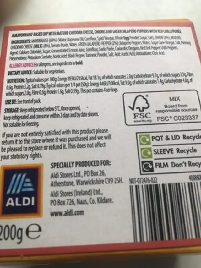 Nacho Chilli Cheese Dip ingredients label