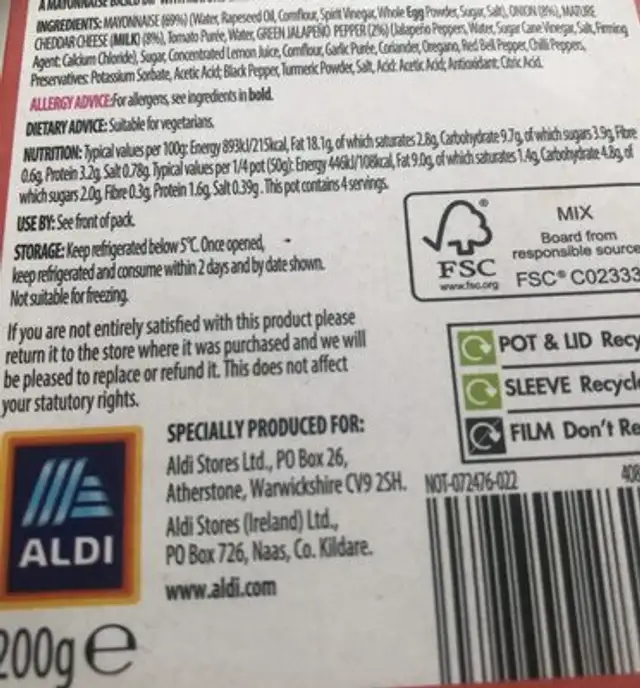 Nacho Chilli Cheese Dip nutrition facts table