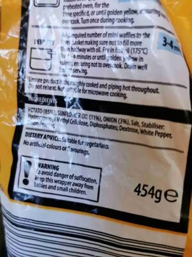 Hash brown waffles ingredients label