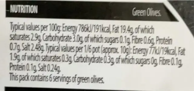 Olive and Aantipasti Selection nutrition facts table