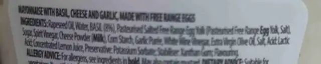 Aldi Pesto Mayo ingredients label