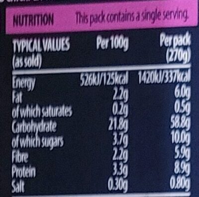 Onion & sweet potato bhaji with rice & chana masala sauce nutrition facts table
